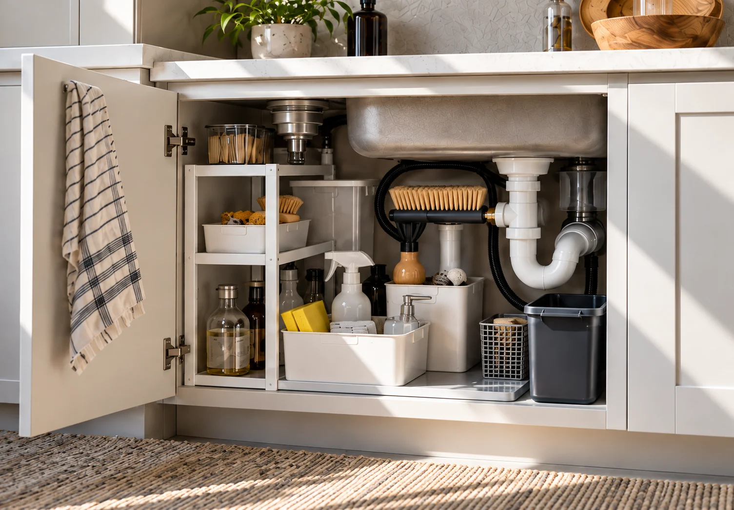Illustrative view of storage arranged beside plumbing in an open under-sink cabinet