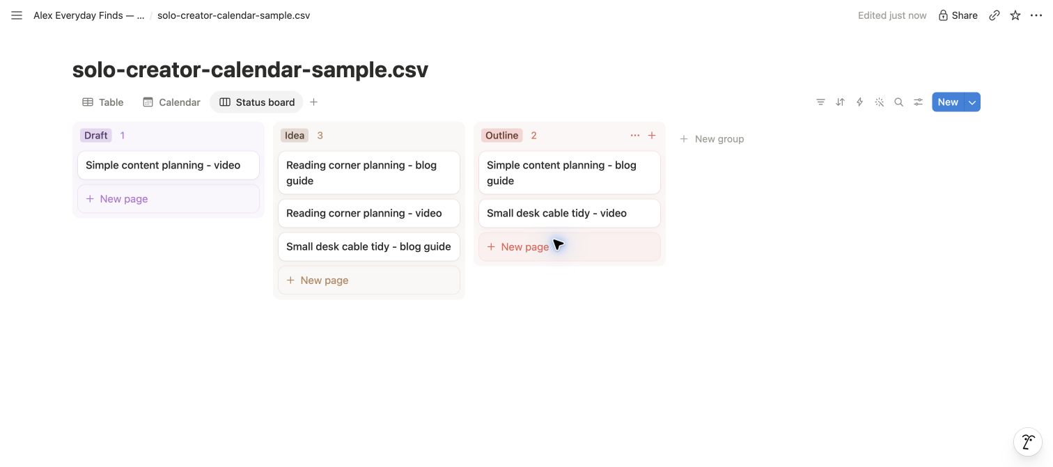 Our imported six-entry Notion sample in a status board: one Draft, three Idea entries and two Outline entries.